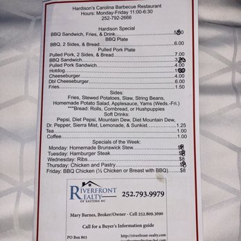 Hardison's Carolina BBQ menu 1